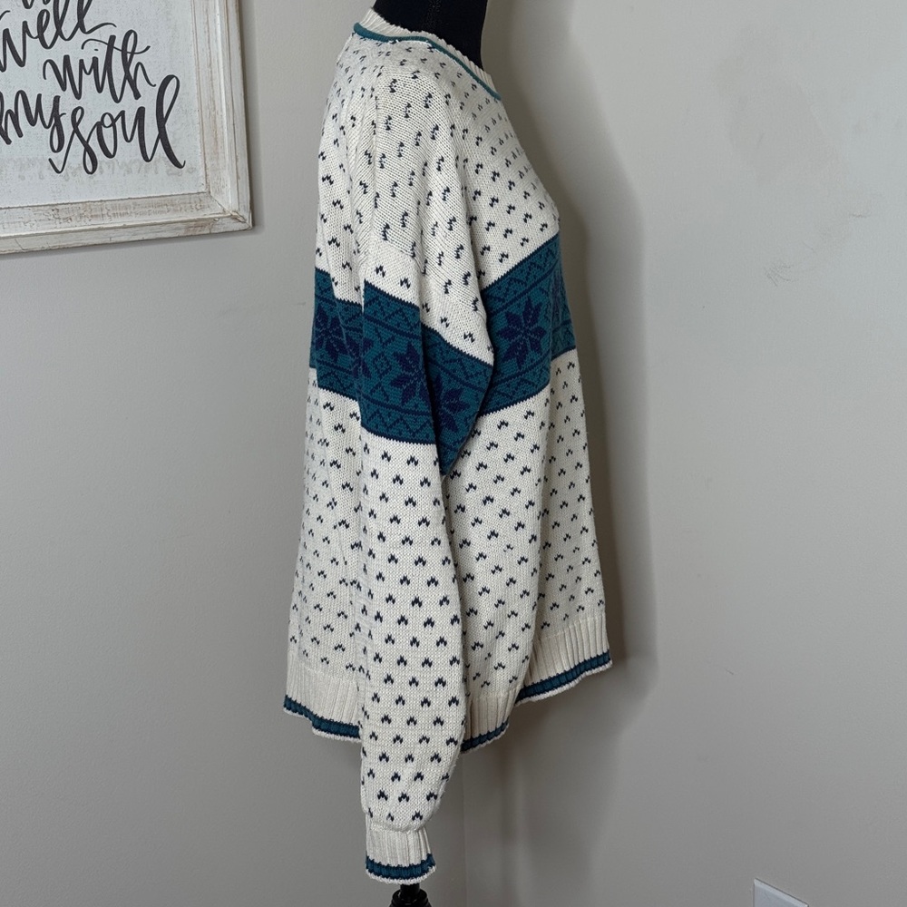 Vintage90s River Brand Fair Isle Sweater Ski Ivory Blue Size L - Picture 2 of 5